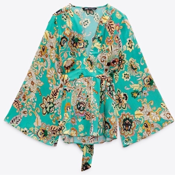 ZARA Boho Floral Kimono Oversized Blouse Top Robe Shirt Turquoise Tie Up Bow XL - Picture 3 of 16